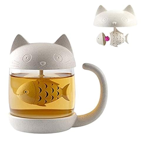 BigNoseDeer Tazza da tè in vetro con gatto carino, tazza da tè con infusore per tè a forma...