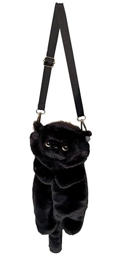 HUIJUFU Borsa a tracolla a forma di gatto della peluche gonfio realistico per le donne, nero