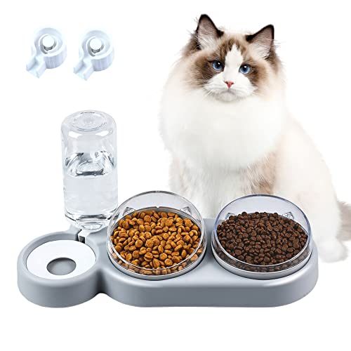 Ciotola Gatti Rialzata,3 in 1 Doppio Gatto Ciotola with Automatic Water Dispenser,15°Inclinate...