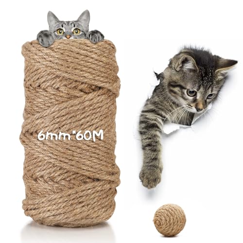 Gowkeey Corda Tiragraffi per Gatti 60 m,6mm Corda Juta Naturale,Accessori per Gatti,Corda Sisal...